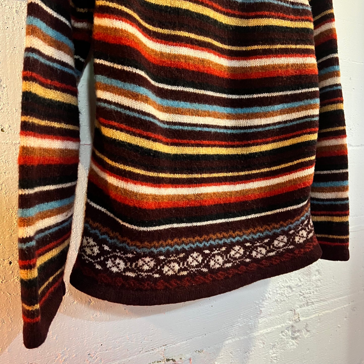 Vintage Striped Norwegian Style Wool Turtle-Neck Knitted Sweater - Size Large - Multicolor