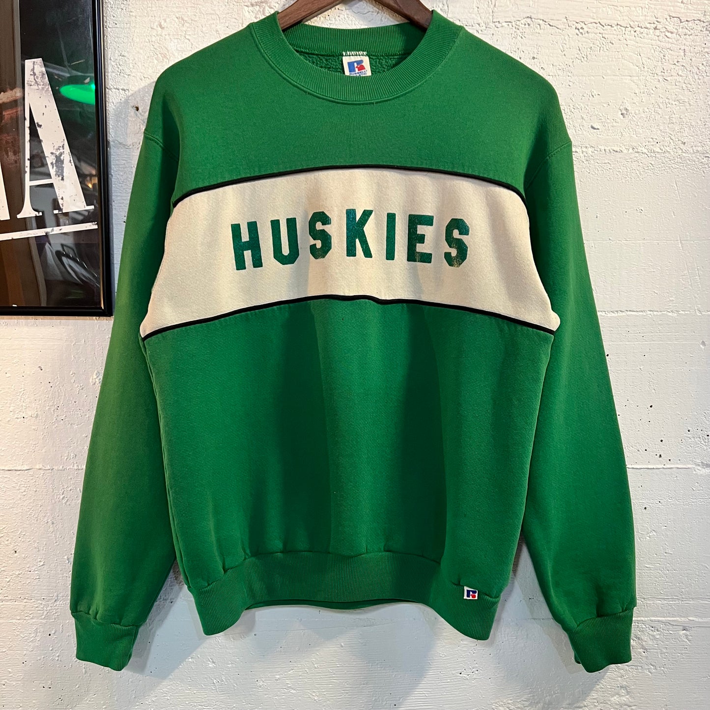Vintage 1980's Distressed Russell Athletic Huskies Collegiate Crewneck Sweatshirt - Size Medium - Made In USA - Green/White/Black