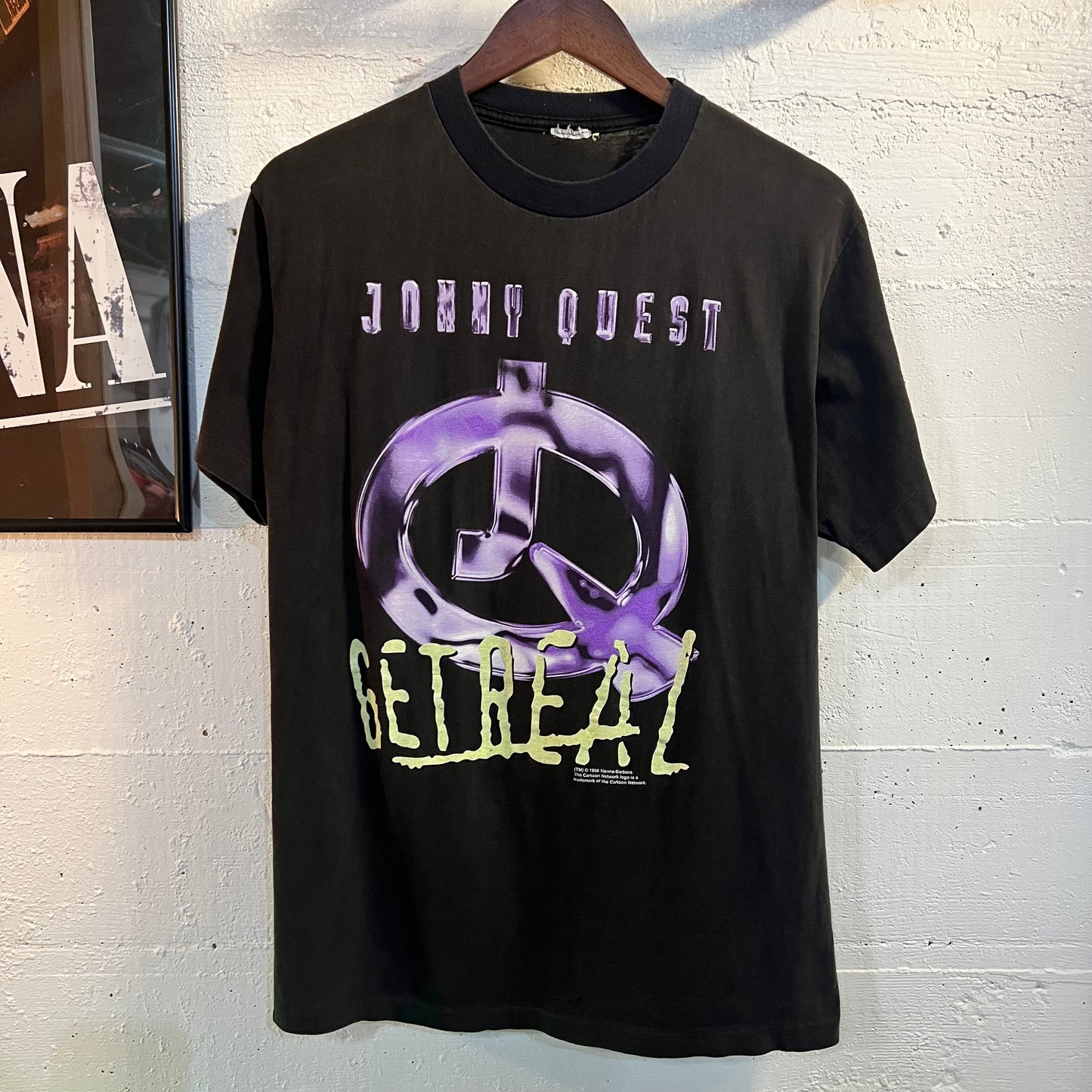 Vintage 90's Johnny Quest 'Get Real' Single Stitch T-Shirt - Size Medium - Made In USA - Black/Purple/Green