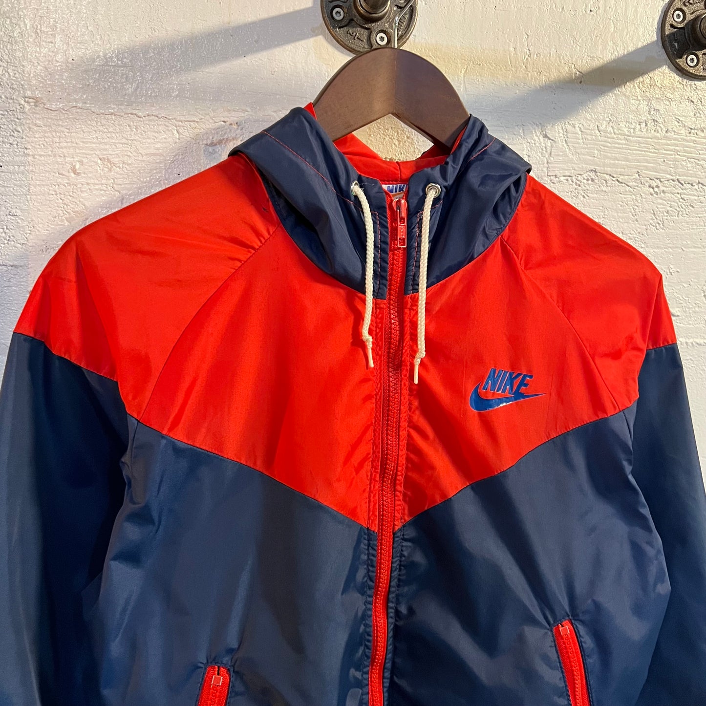 Vintage 1970's/80's Nike Colorblocked Hooded Windbreaker Jacket - Size Small - Made In USA - Red/Blue