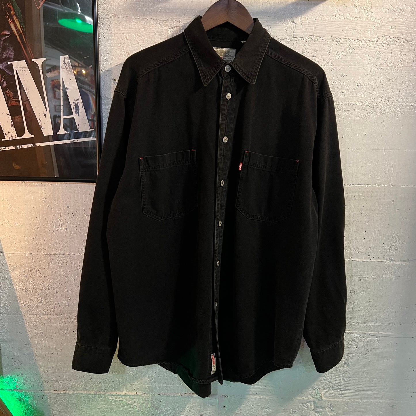 Vintage 90's Levi Red Tab Heavy Cotton Denim Button Up Shirt - Size Large - Faded Black Denim