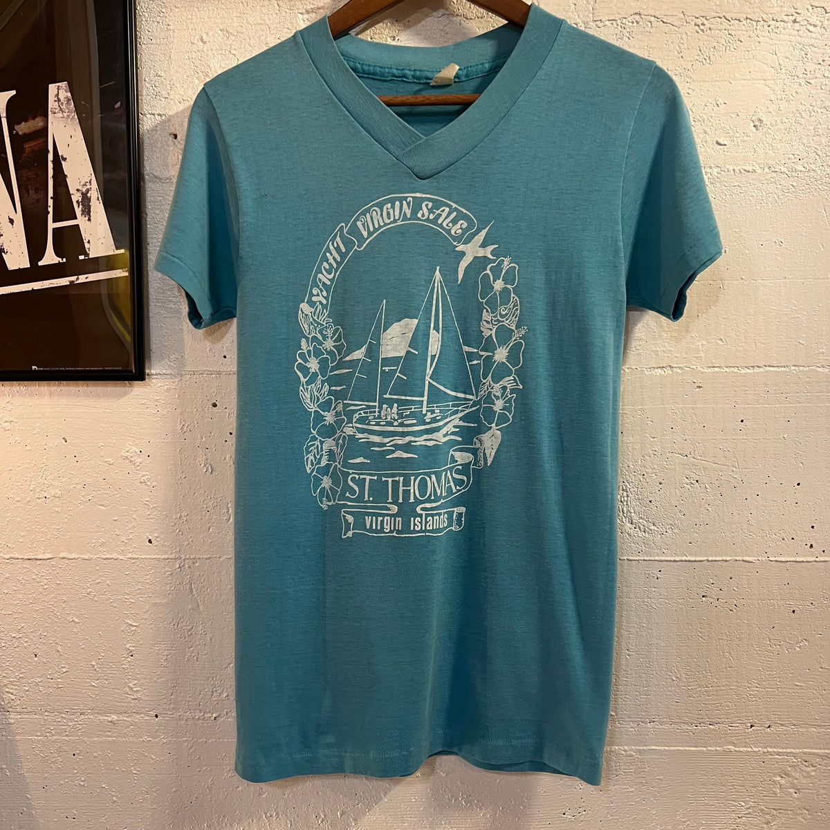 Vintage 70’s St.Thomas Virgin Islands ‘Yacht Virgin Sale’ Single Stitch V-Neck T-Shirt - Size Medium - Made In USA - Blue/White