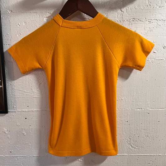 True Vintage 1970's Buster Brown 50/50 Blend Raglan Sleeve Baby Tee - Size XS - Golden/Yellow - Made In USA