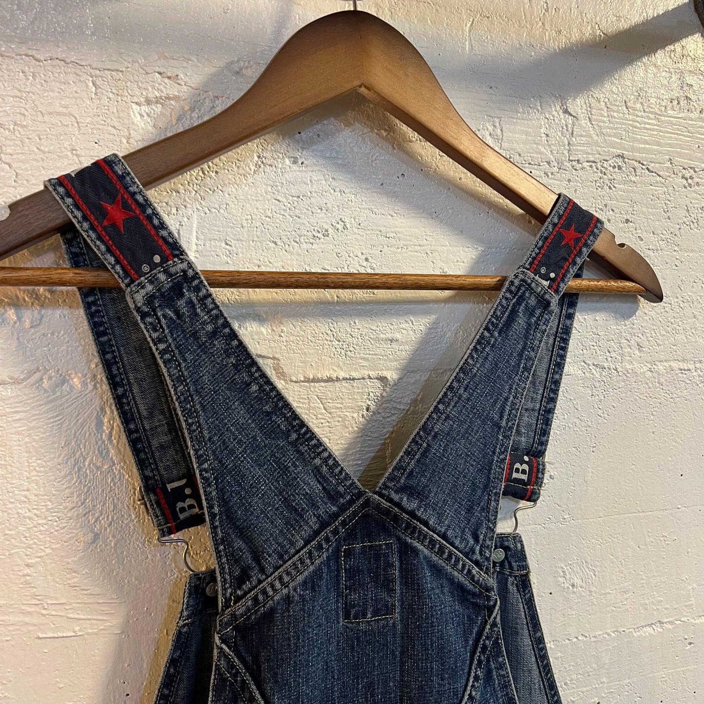 Vintage 90's B.U.M. Equipment Embroidered Spellout Denim Short Overalls - Size Small - Medium Wash Indigo