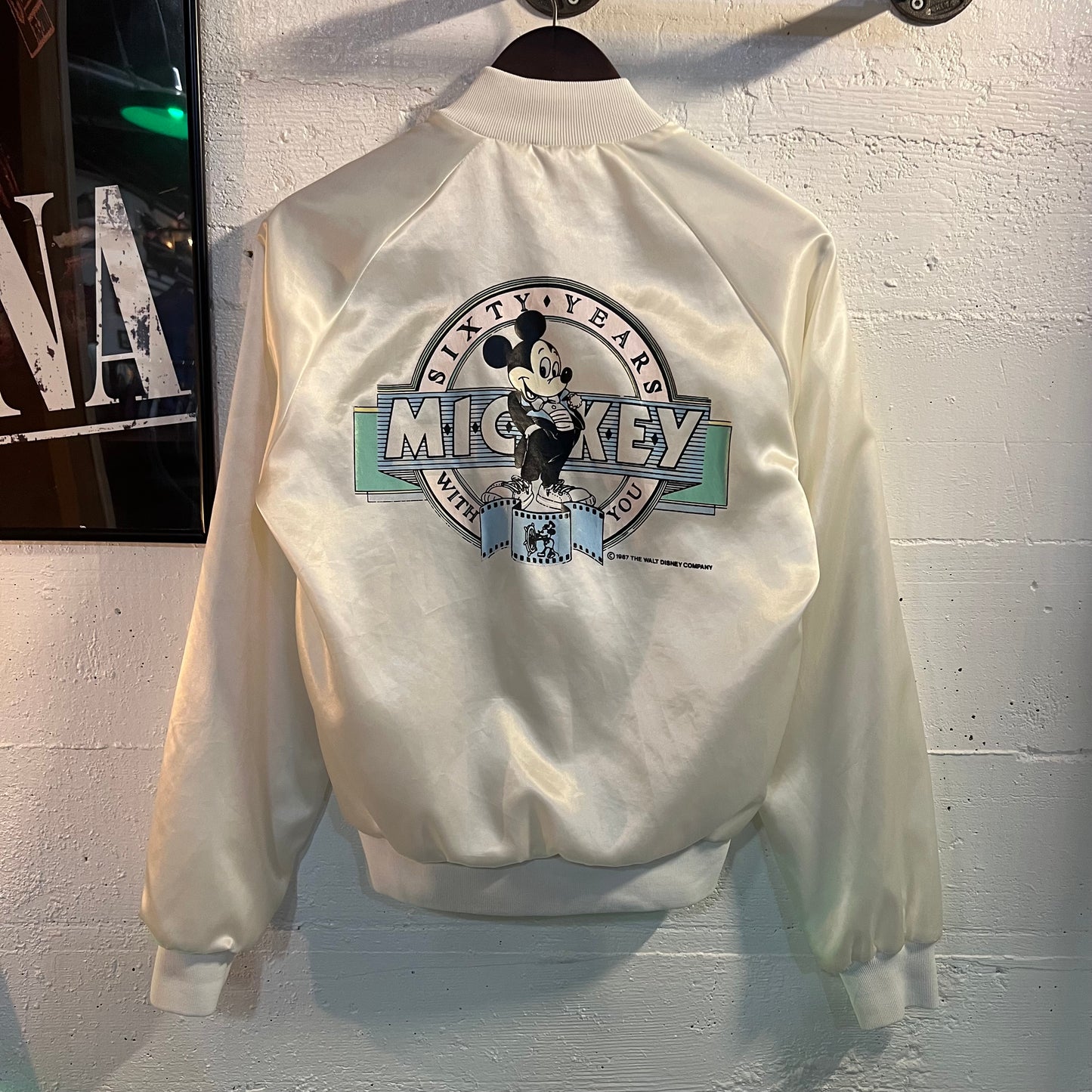 Vintage 1987 Walt Disney Mickey Mouse 60 Year Anniversary Satin Bomber Jacket - Size Small - White - Chalk Line