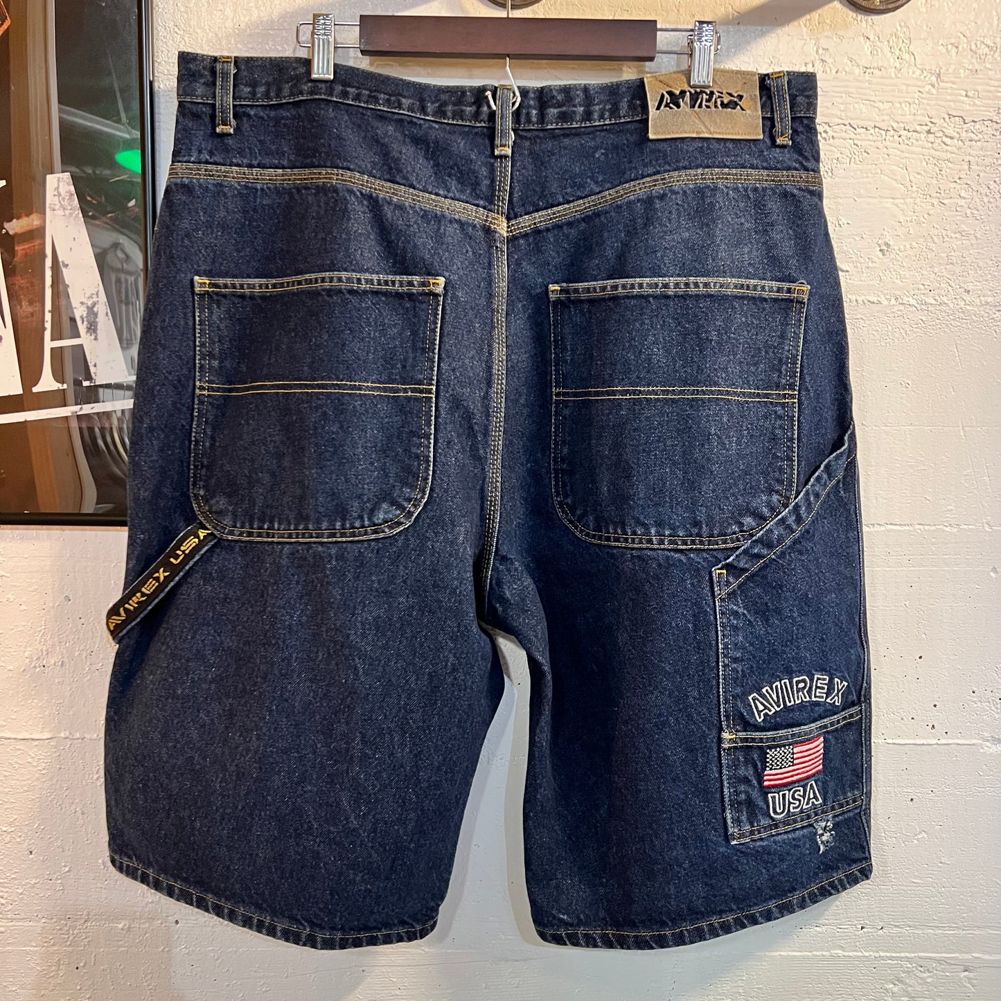 Vintage 90's Avirex Heavyweight Baggy Denim Utility Jean Shorts (Jorts) - Size 38" - Dark Wash Indigo