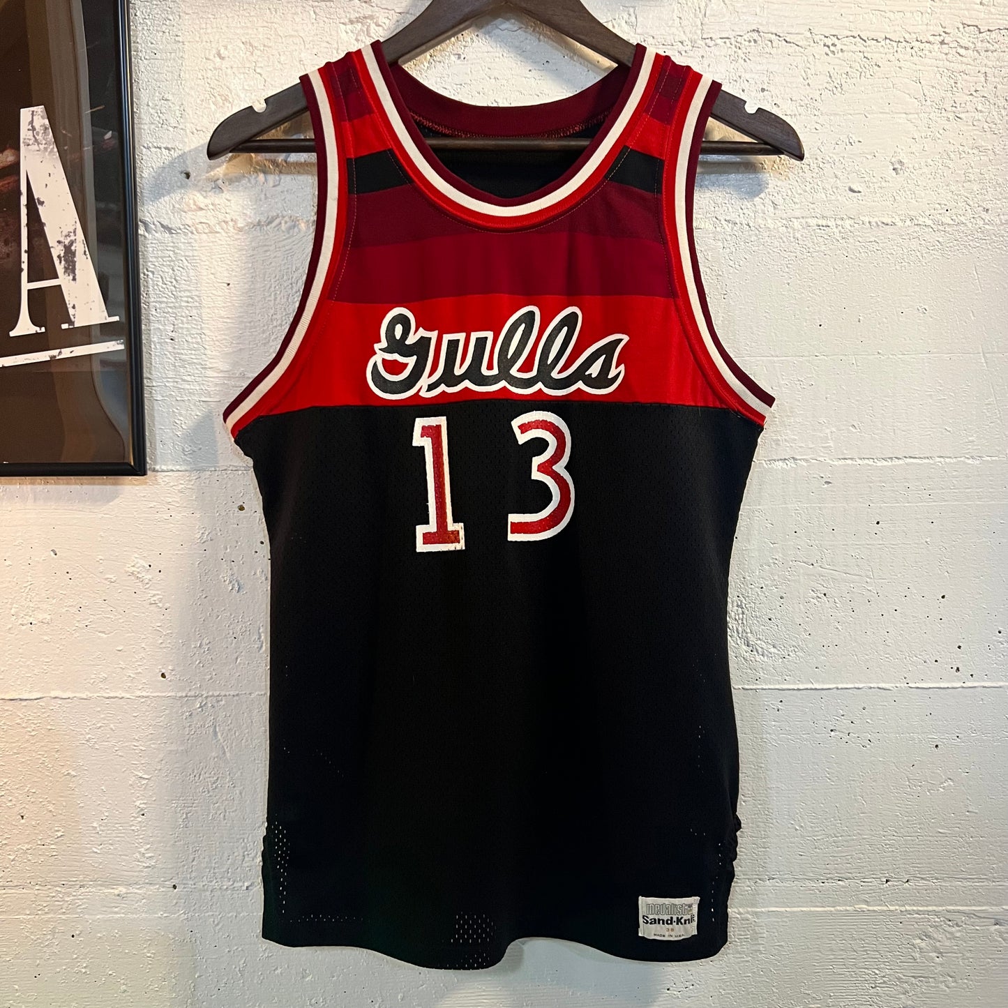 True Vintage 1970's Sand-knit 'Seaside Seagulls' Basketball Jersey - Size 38 (S) - Made In USARed/Black/White