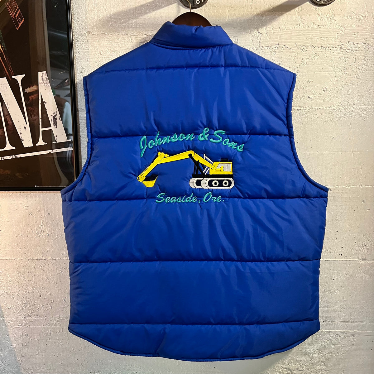 Vintage 80’s King Louie Pro Fit Embroidered Satin Bomber Snap Button Vest - Size XL - Made In USA - Blue/Multi