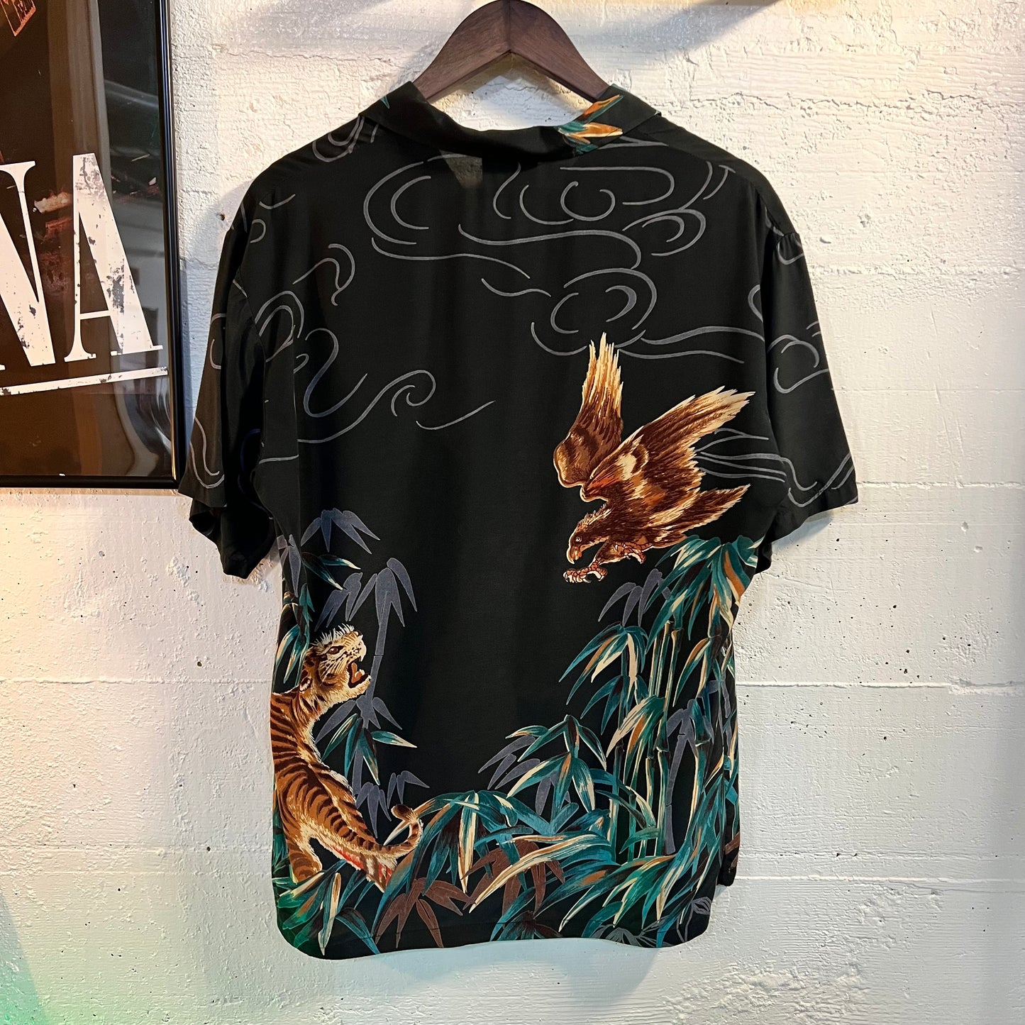 Vintage 1970’s Kennington California Rayon (Tiger VS Falcon) Aloha Surf Shirt - Size Small - Black/Multicolor