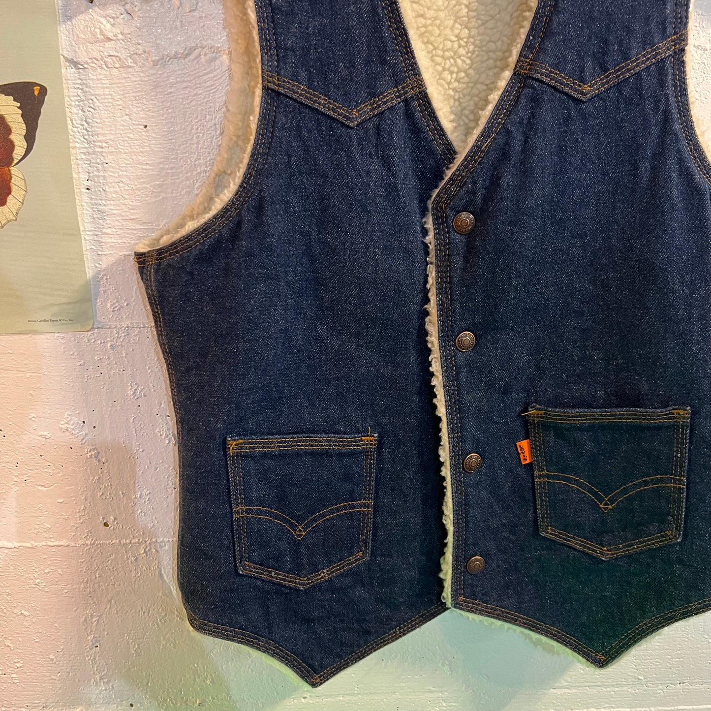 Vintage 1970's Levis Orange Tab Sherpa Lined Denim Vest - Size Small - Made In USA