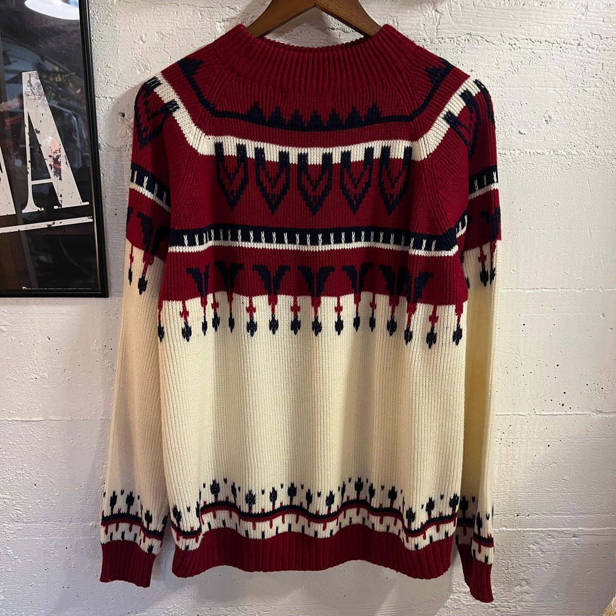 Vintage 70’s JCPenney Fair Isle Geometric Patterned Knit Raglan Sweater - Size Large - Maroon/Navy/White