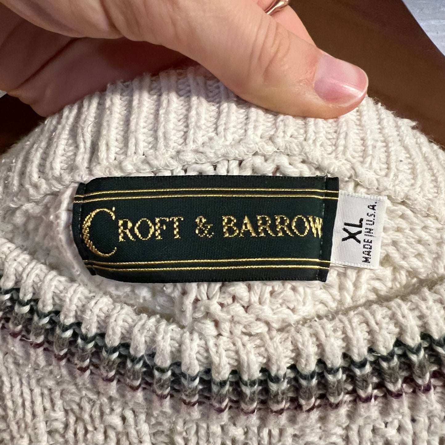 Vintage 90's Croft & Barrow Heavy Knit Cotton Duck Sweater - Size XL - Made In USA - Cream/Maroon/Teal