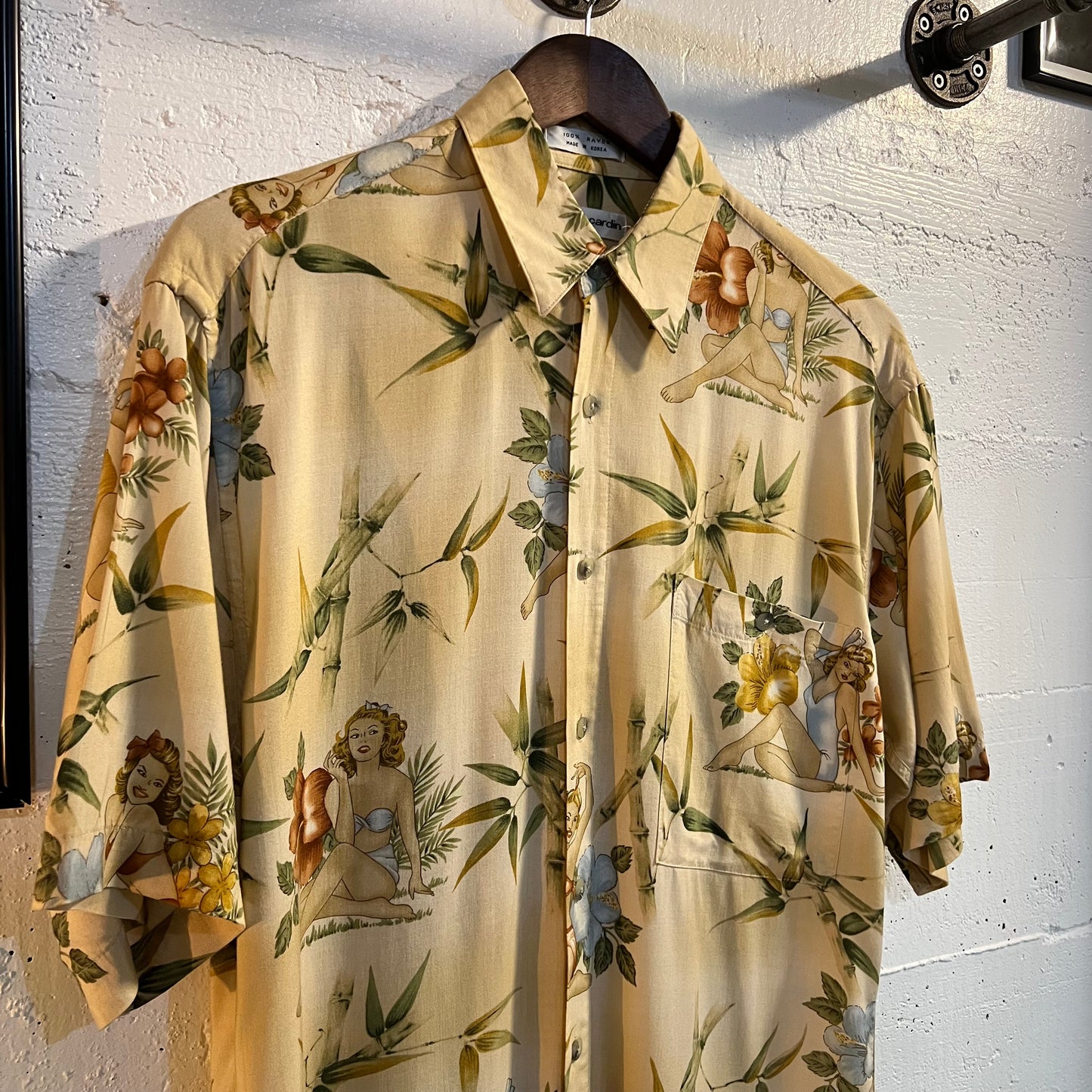 Vintage Pierre Cardin Hawaiian Pin Up Rayon Short Sleeve Button Up Shirt - Size Small - Made In Korea - Earth Toned