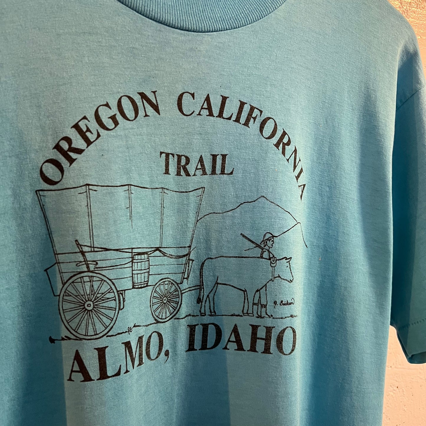 Vintage Oregon California Trail ‘Almo, Idaho' Distressed Single Stitch T-Shirt - Size Large - Made In USA - Blue/Black
