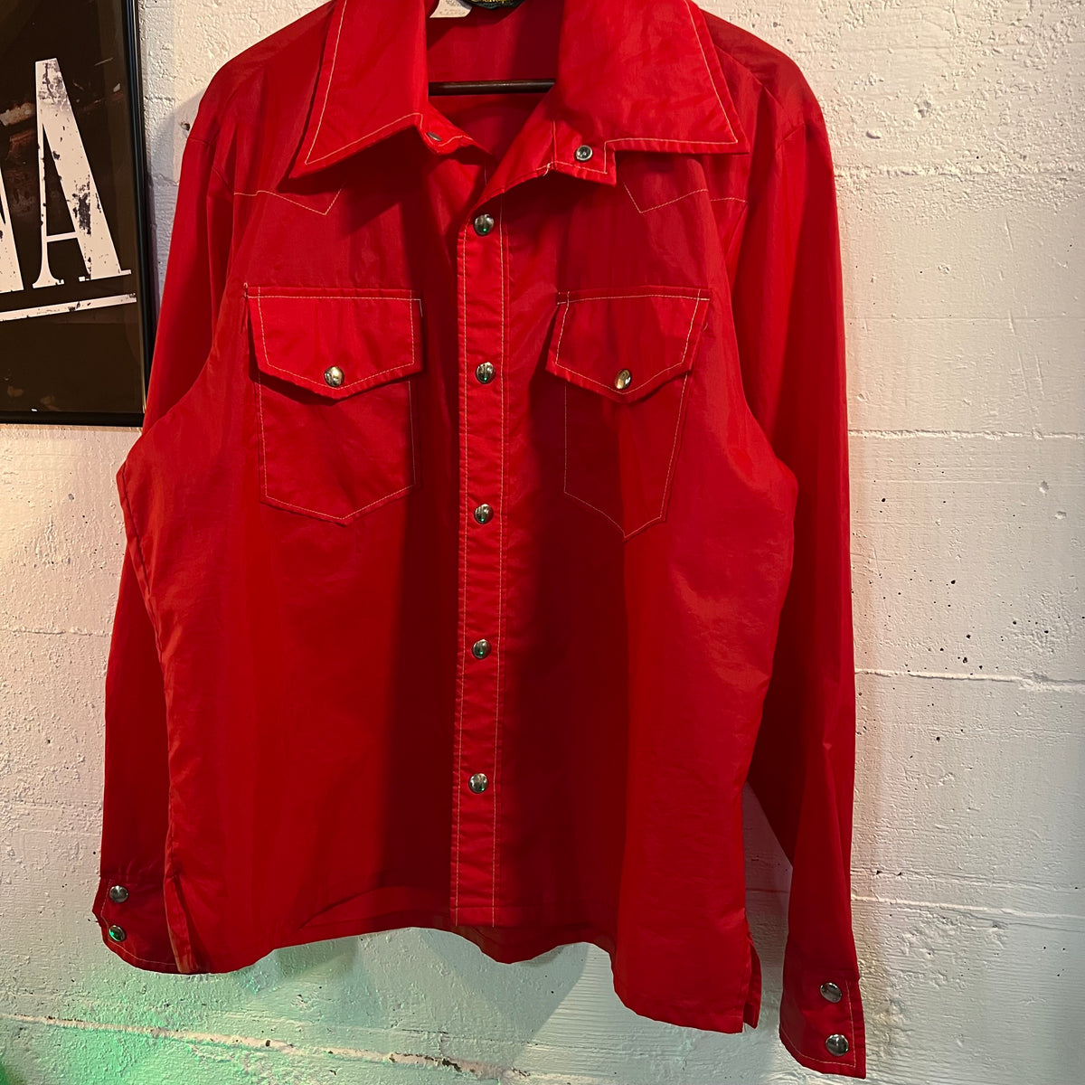 True Vintage 60's Champion Running Man Rodeo Style Button Snap Nylon Jacket - Size XL - Made In USA - Red/White
