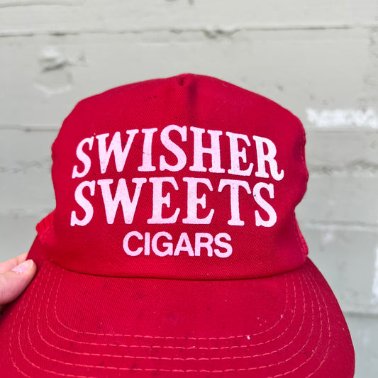 Vintage 1980's Swisher Sweets Felt Logo Mesh SnapBack Trucker Hat - O/S - Made In USA - Red/White