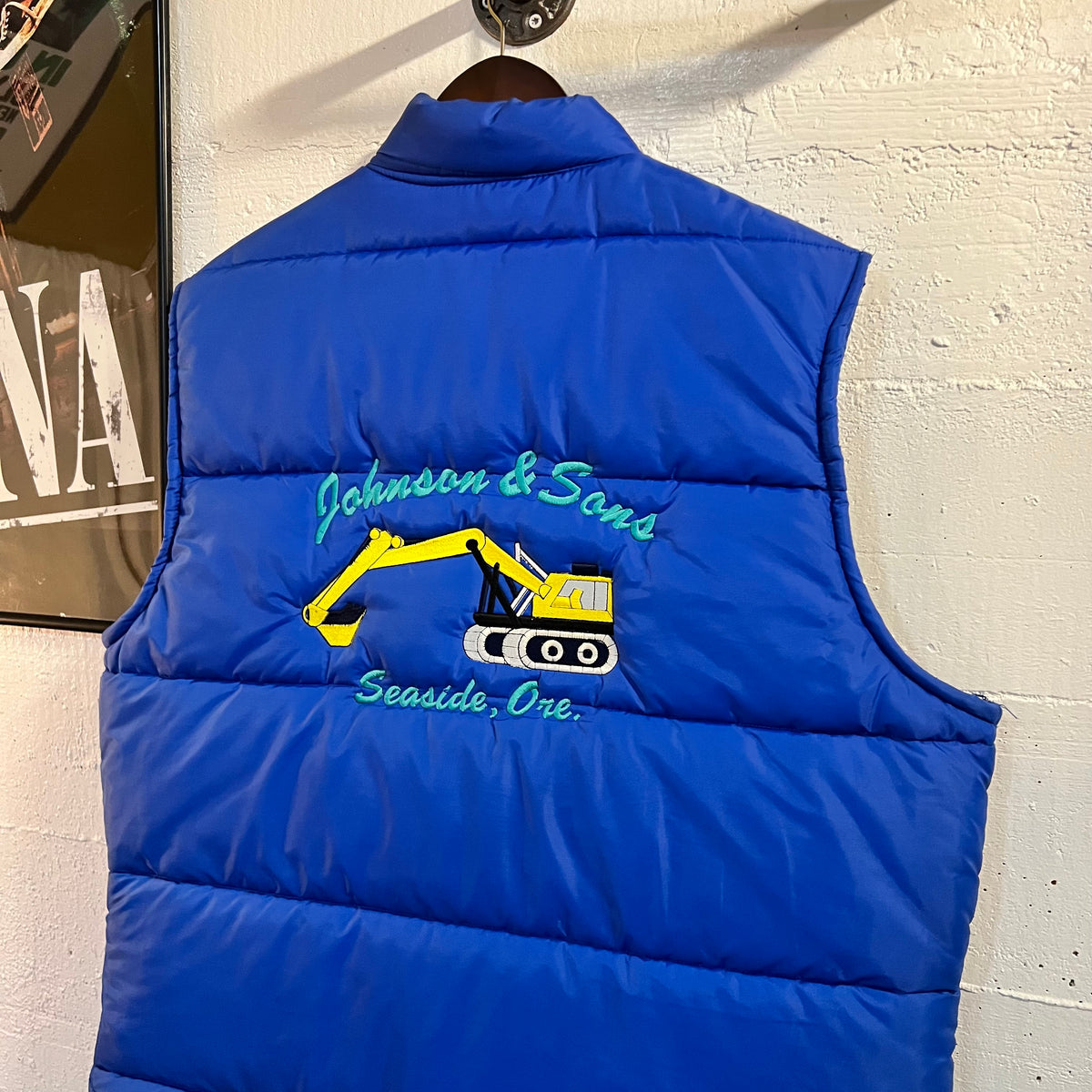 Vintage 80’s King Louie Pro Fit Embroidered Satin Bomber Snap Button Vest - Size XL - Made In USA - Blue/Multi