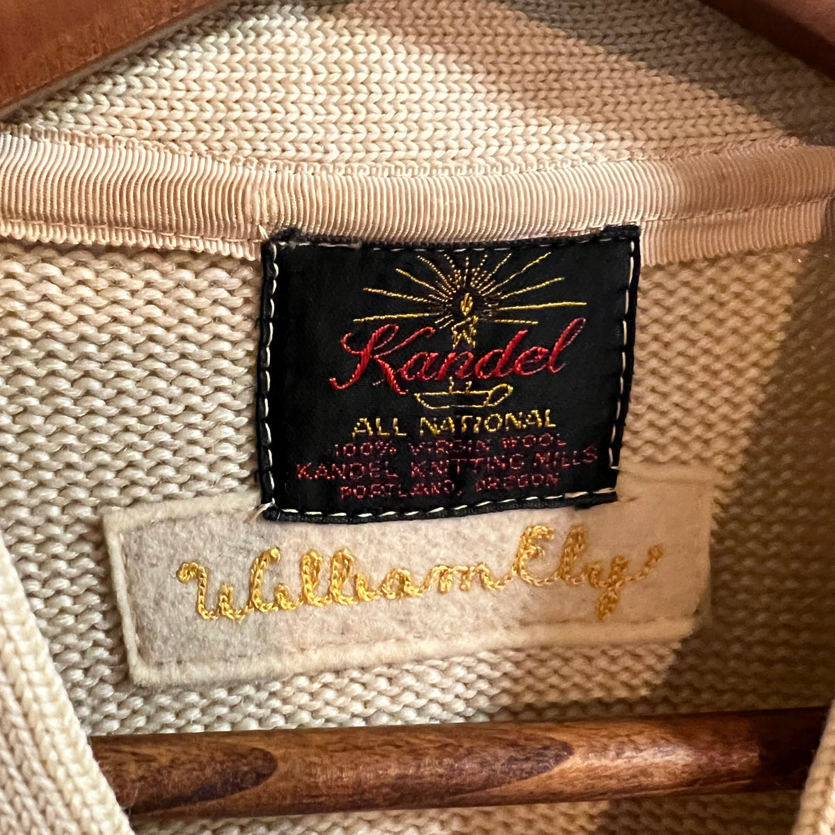 True Vintage Distressed 1950's Kandel Knitting Mills Virgin Wool Varsity Letterman Cardigan Sweater - Size Large - Made In USA - Off-White/Cream/Purple