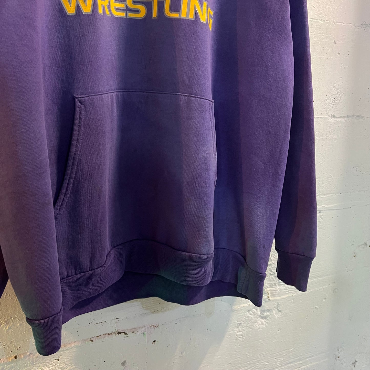 Vintage 2000's Distressed Sun Faded Elmira Wrestling Hoodie Sweatshirt - Size Large - Purple/Yellow/Grey