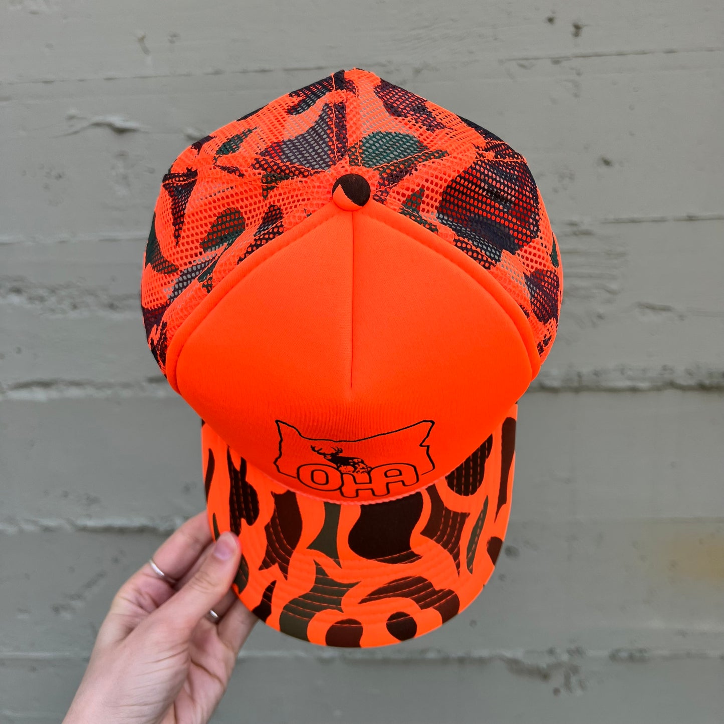 Vintage Blaze Orange Camo OHA Trucker Hat - O/S - Blaze Orange Camo