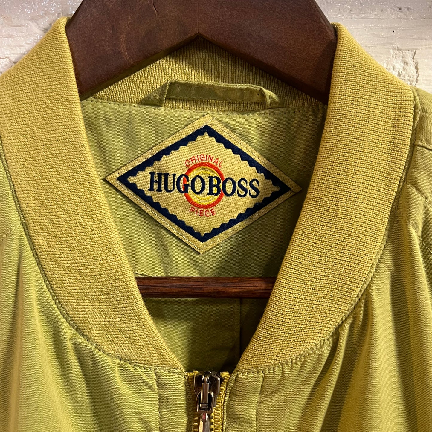 Vintage 1990's Hugo Boss Satinized Lightweight Bomber Jacket - Size Large - Chartreuse Green