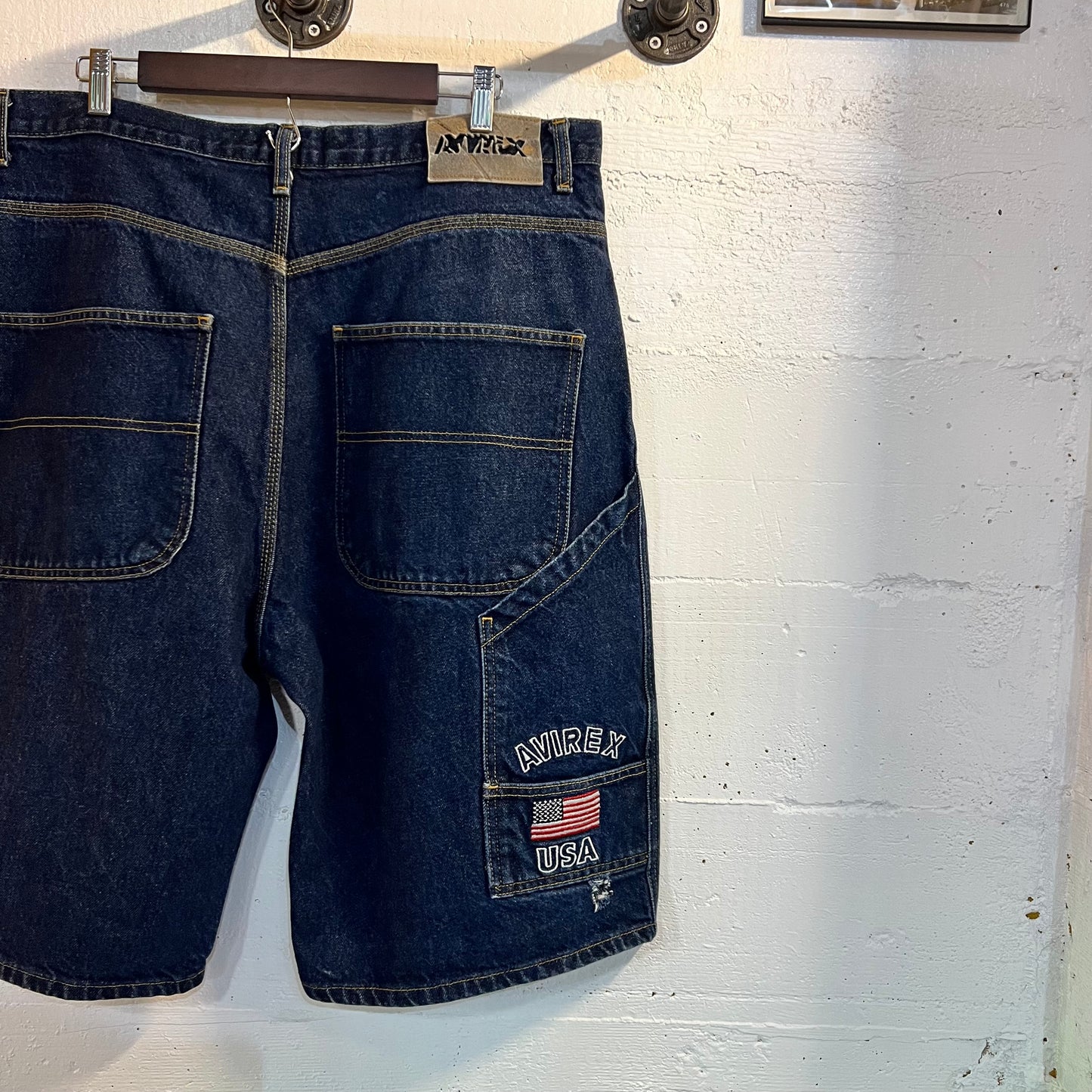 Vintage 90's Avirex Heavyweight Baggy Denim Utility Jean Shorts (Jorts) - Size 38" - Dark Wash Indigo