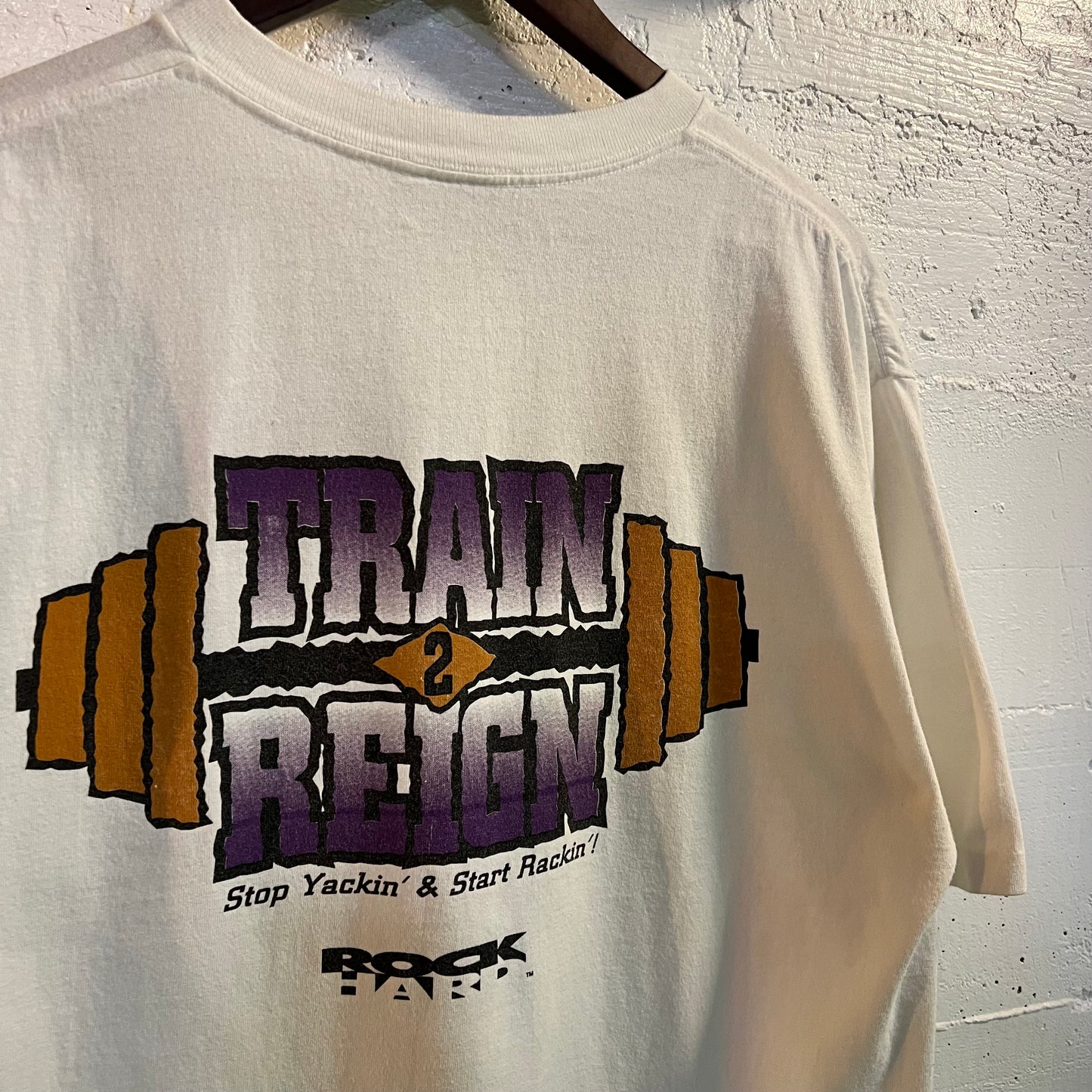 Vintage 90's Rock Hard Weight Lifting 'Train 2 Reign' Single Stitch T-Shirt - Size XL - Made In USA - White