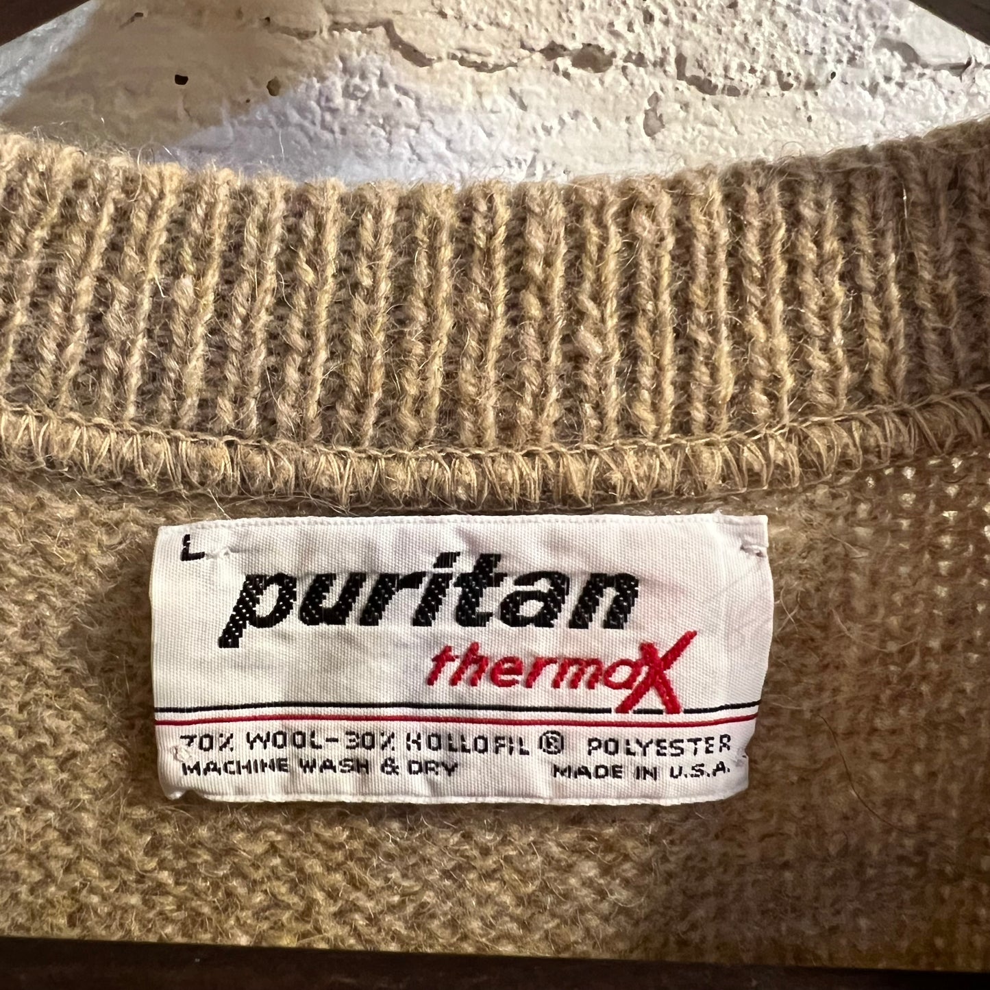 Vintage 80’s Puritan Thermax Knit Wool Blend Sweater Vest - Size Large - Made In USA - Tan