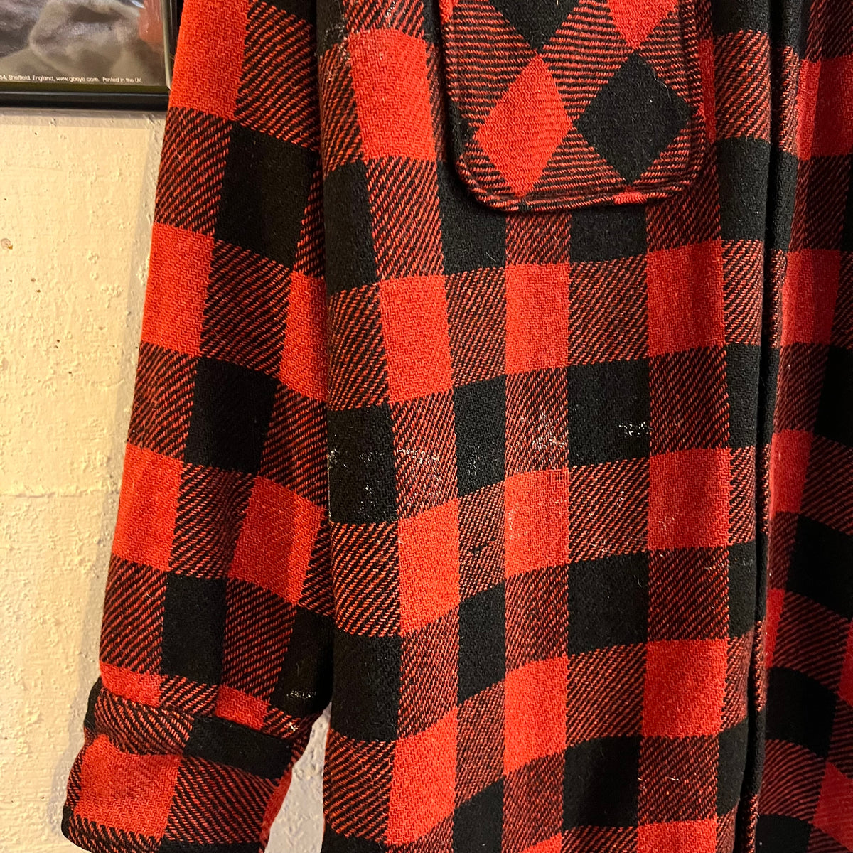True Vintage Distressed 1940's/1950's Spiegel Workmaster Wool Gusseted Flannel Shirt - Size Large - Made In USA - Red/Black