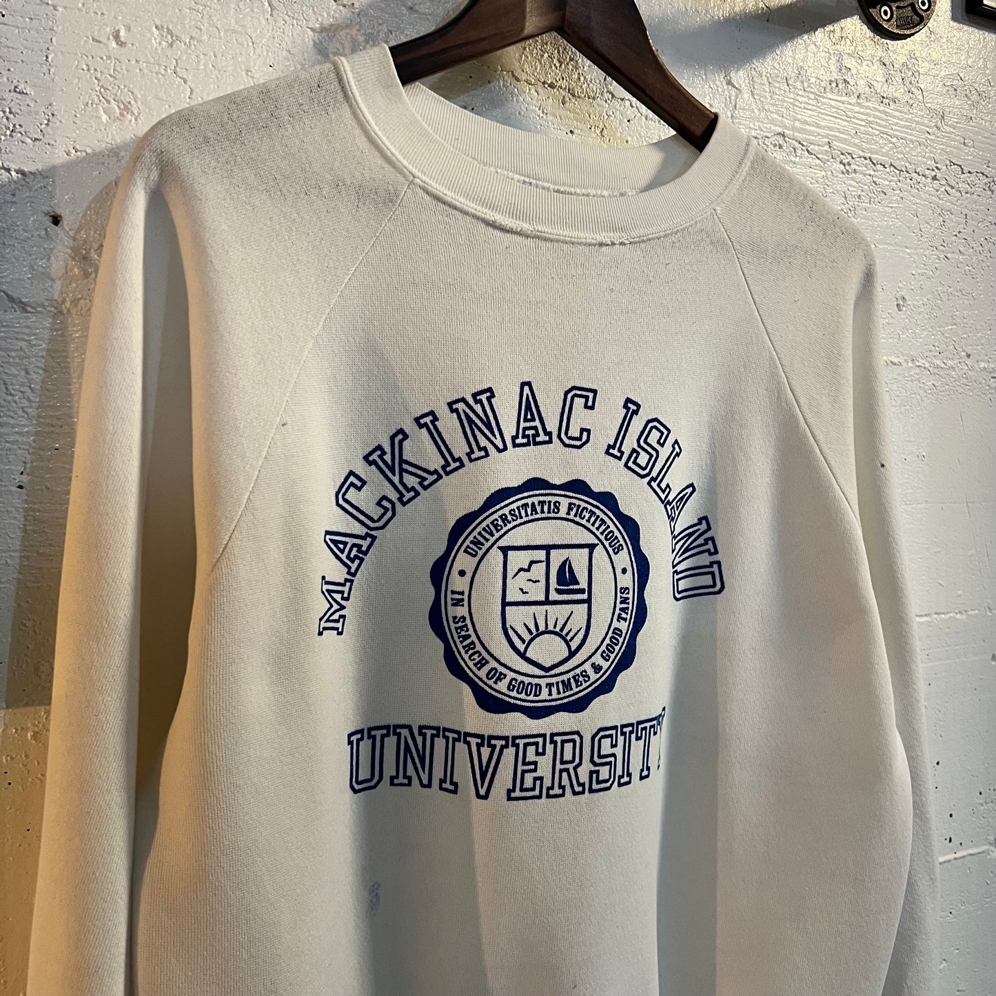 Vintage 80’s Distressed Mackinac Island University Raglan Sleeve Crewneck Sweatshirt - Size Large - Made In USA - White/Blue