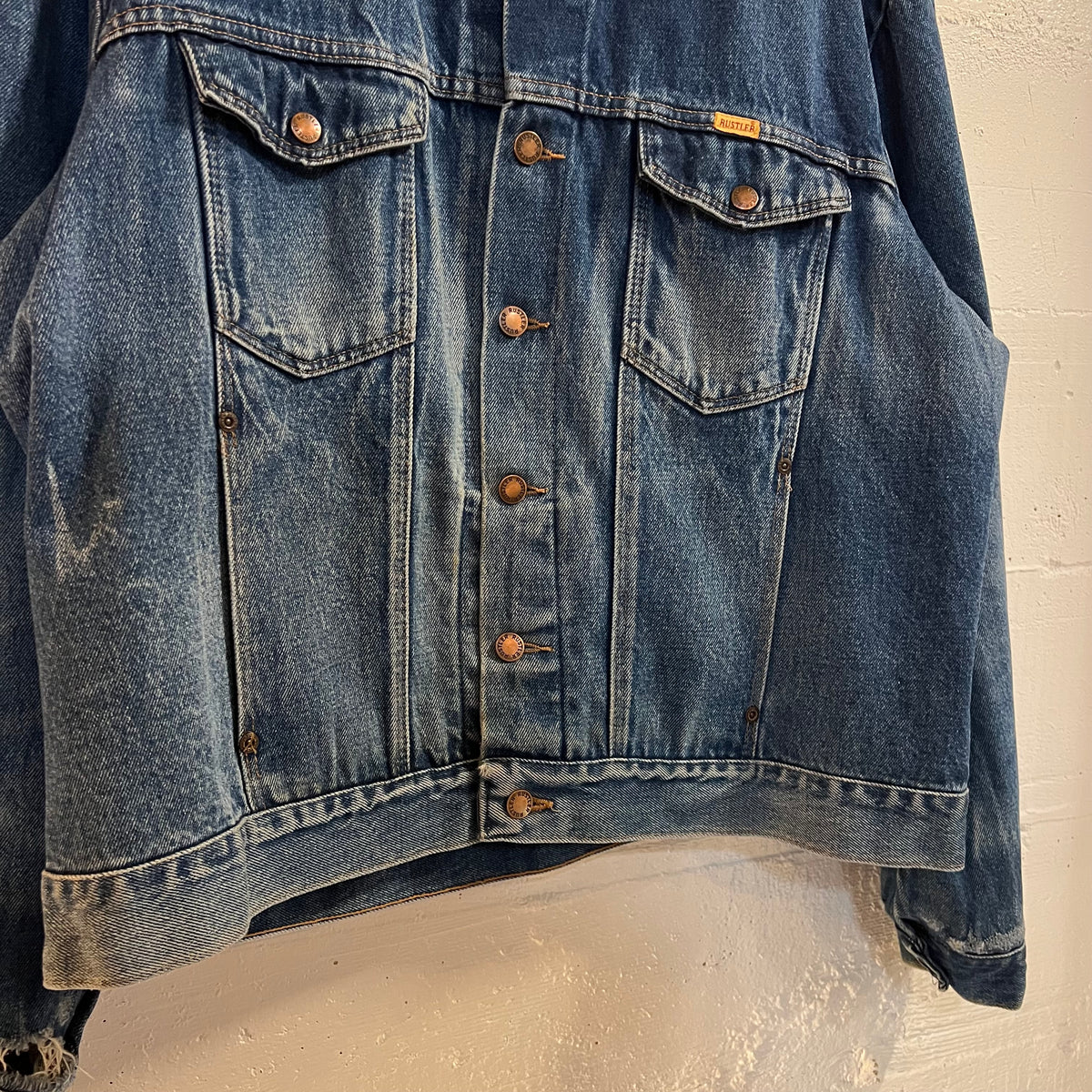 Vintage 70’s Faded/Distressed Rustler Button Up Denim Jacket - Size XL - Medium Wash