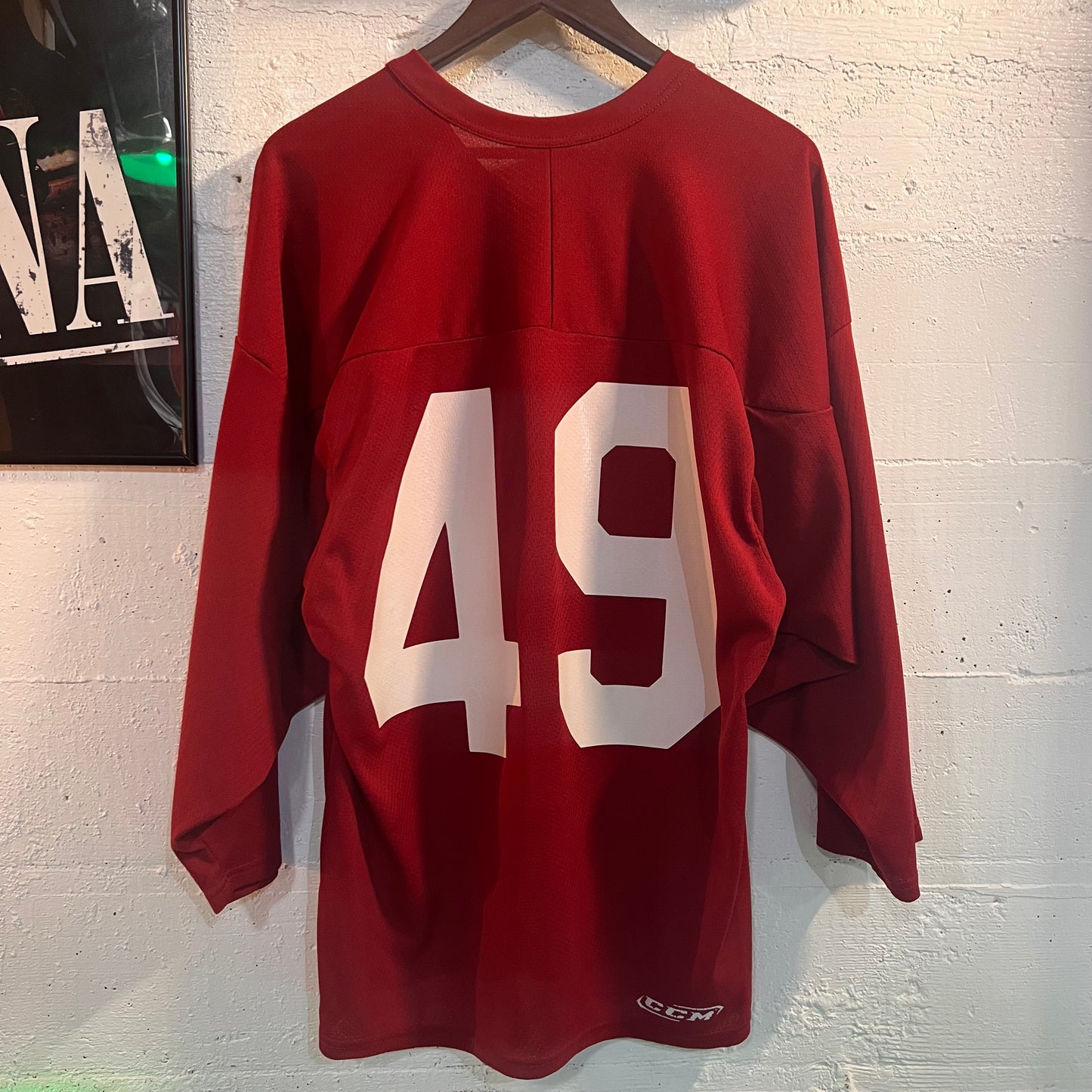 Vintage Team Mayhem #49 CCM NHL Mesh Hockey Jersey - Size Medium - Red/White/Black/Brown/Green