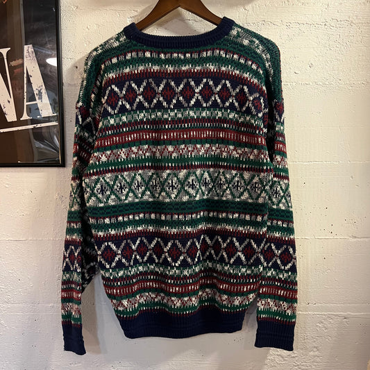 Vintage 80’s/90’s The Men’s Store At Sears Abstract Patterned Knitted Sweater - Size Large - Navy/Red/White/Green