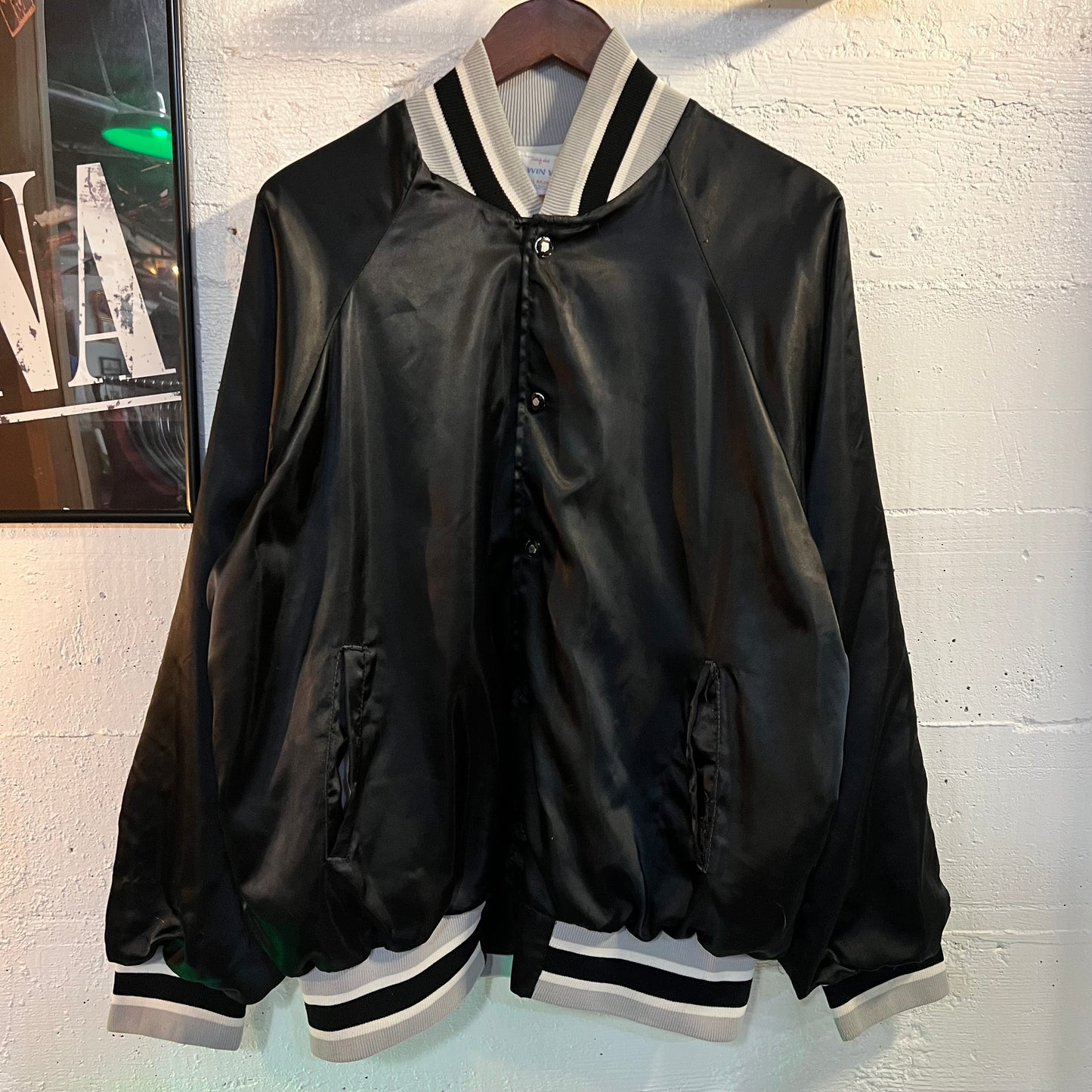 Vintage Win Wear Nylon Bomber Varsity Jacket - Size XL - Made In USA - Black/Gray/White