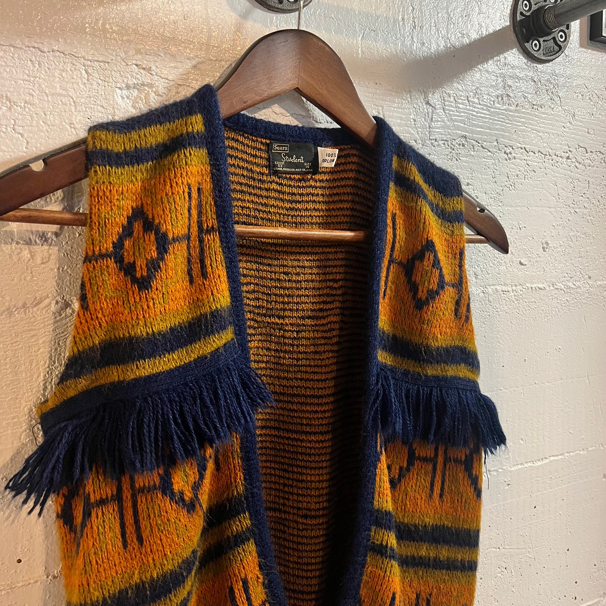 Vintage 70’s Sears Student Southwestern Serape Sweater Vest - Size Youth Large - Made In USA - Orange/Mustard/Navy