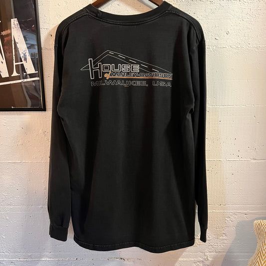 Vintage 2003 Harley Davidson Milwaukee, Wisconsin Graphic Long Sleeve T-Shirt - Size Large - Made In USA - Black/Multi
