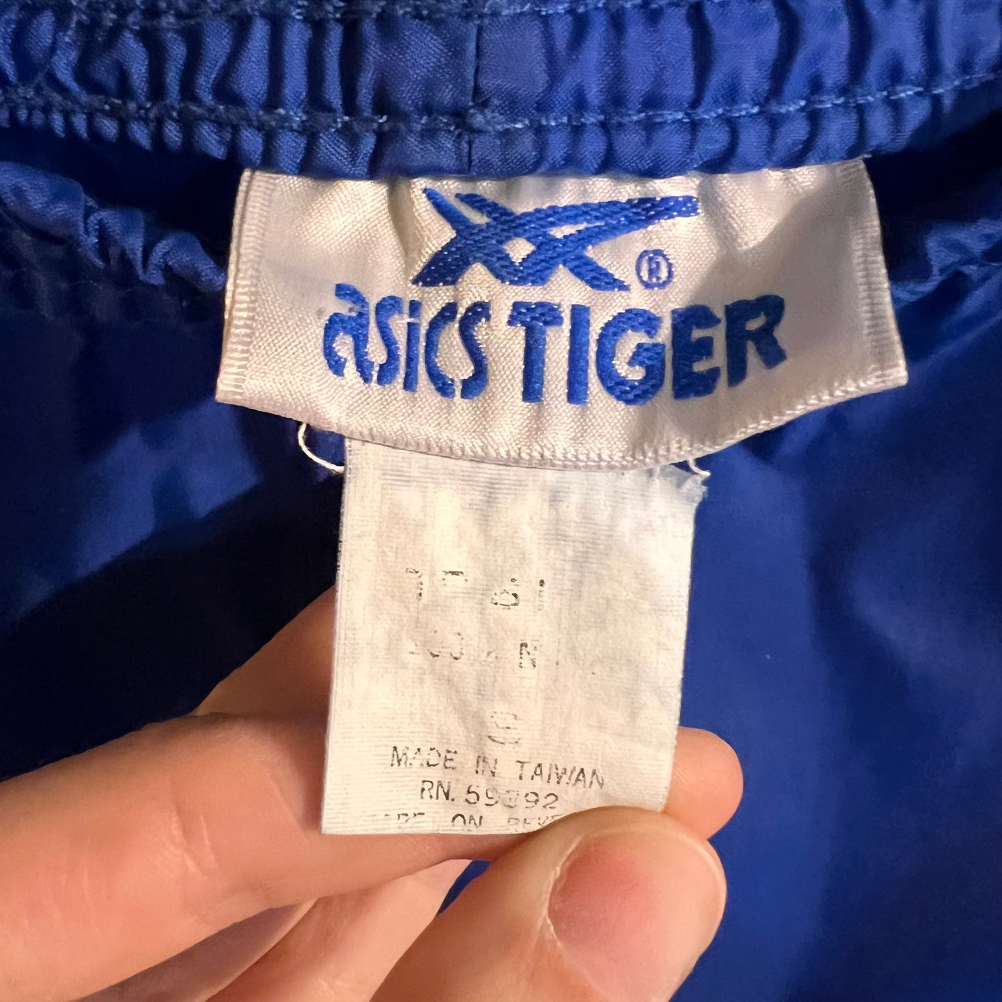 Vintage 1980's Asics Tiger Side Striped Nylon Track Pants - Size 32"-34" - Blue/White