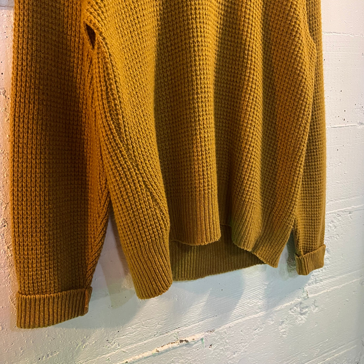 True Vintage 1950's Penney’s Towncraft Lambs Wool Large Shawl Collar Waffle Knit Sweater - Size Large - Mill 8244 - Mustard Yellow/Black