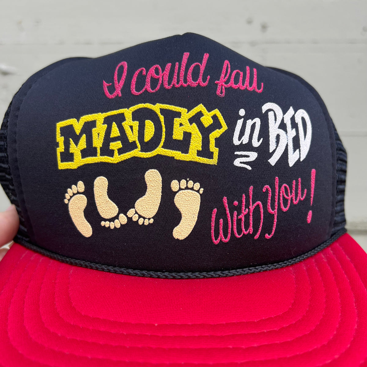 Vintage 1970's Funny Madly In Bed Trucker Hat OS