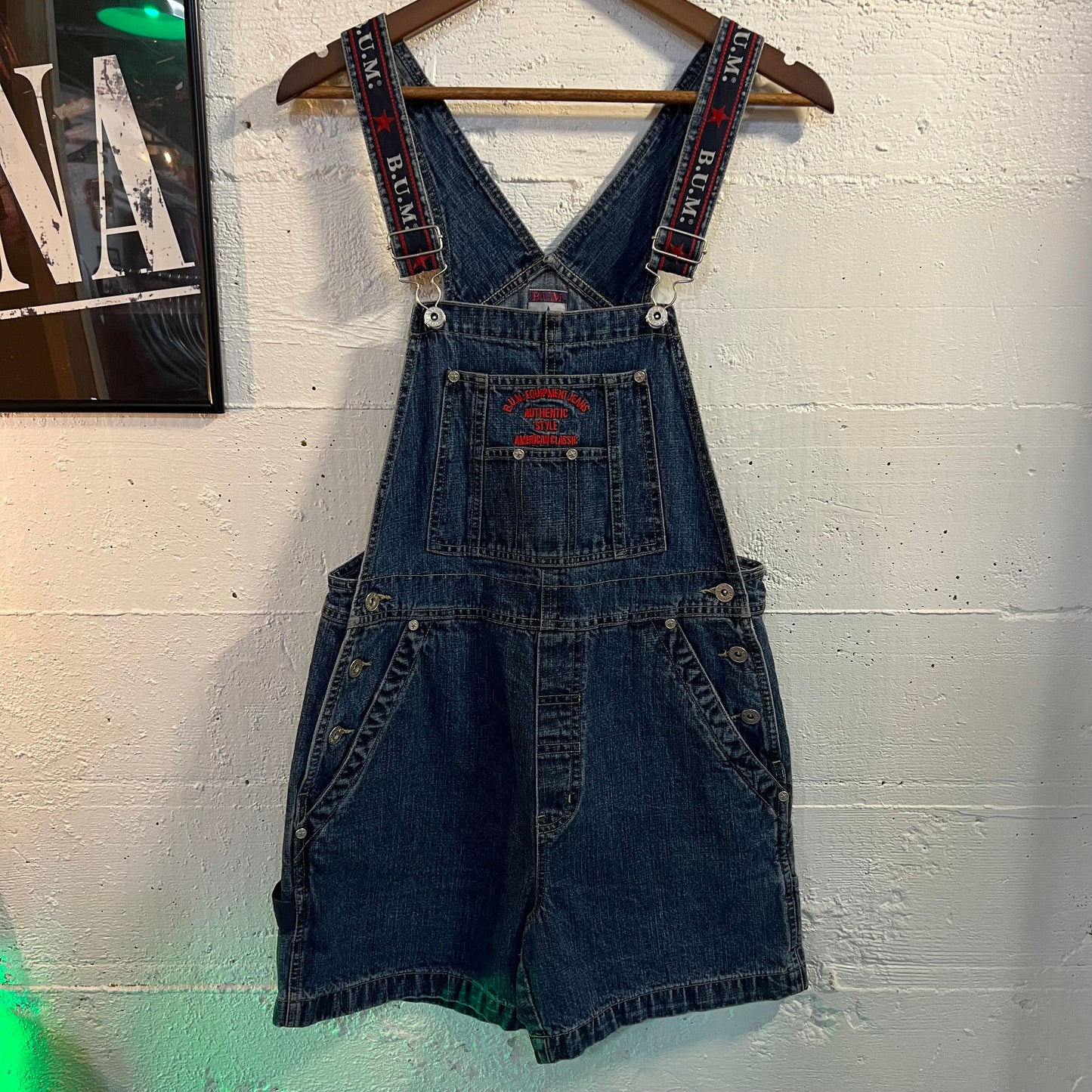 Vintage 90's B.U.M. Equipment Embroidered Spellout Denim Short Overalls - Size Small - Medium Wash Indigo