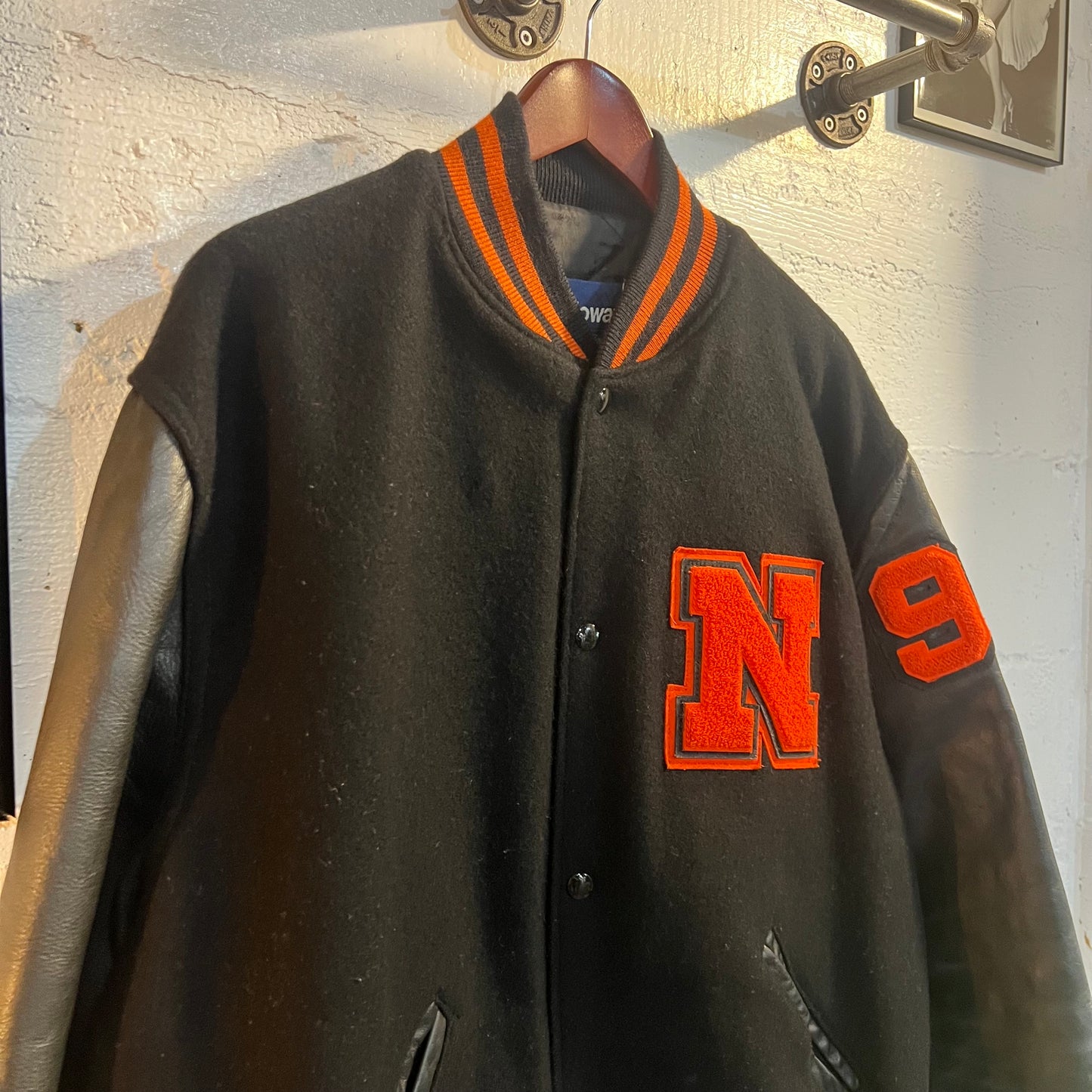 Vintage 90's Leather Varsity Letterman Jacket With Chenille Patch - Size XL - Made In USA - Orange/Black