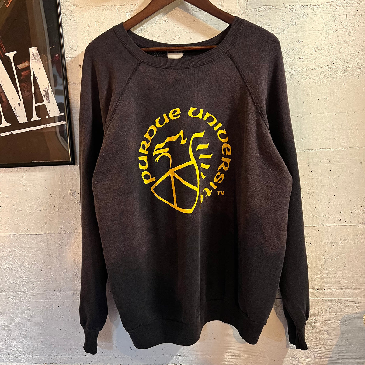 Vintage 70’s/80’s Distressed Purdue University Raglan Sleeve Crewneck Sweatshirt - Size Large - Faded Black/Yellow