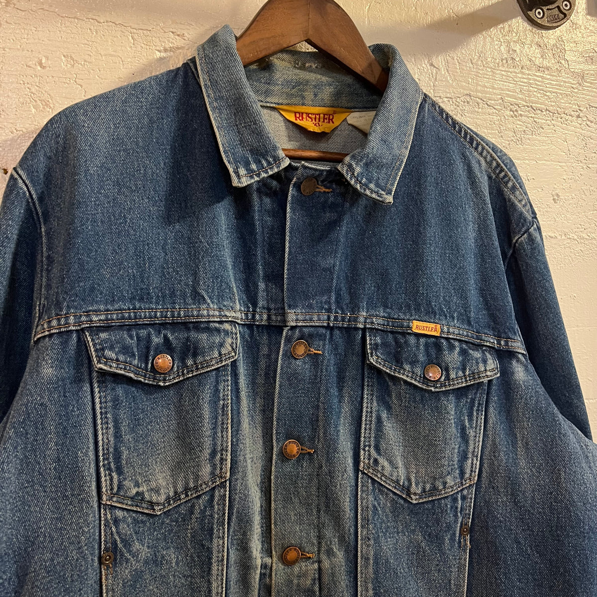 Vintage 70’s Faded/Distressed Rustler Button Up Denim Jacket - Size XL - Medium Wash