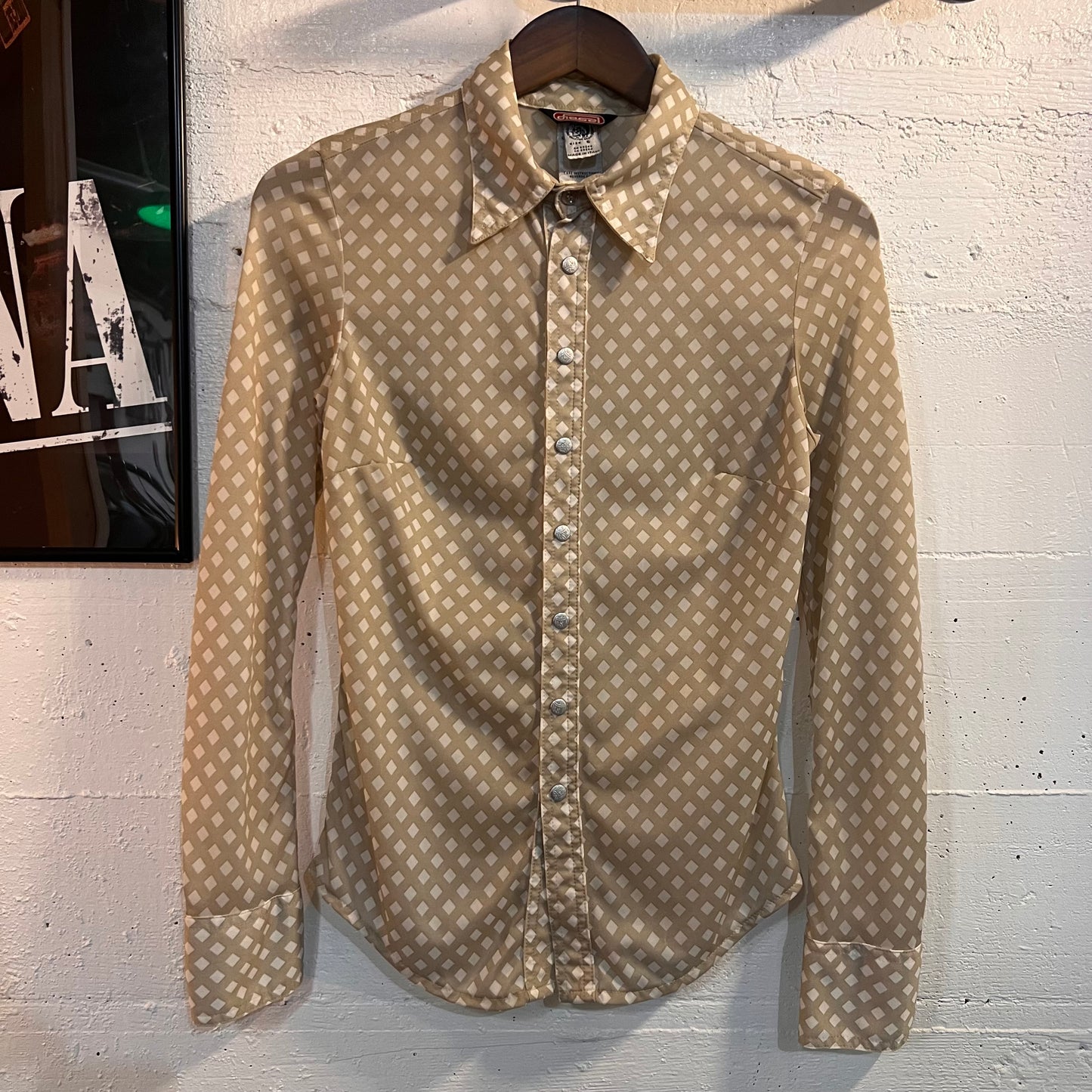 Vintage Diesel Nylon Button-Up Long Sleeve Collard Blouse - Size Small - White/Beige - Made In Italy