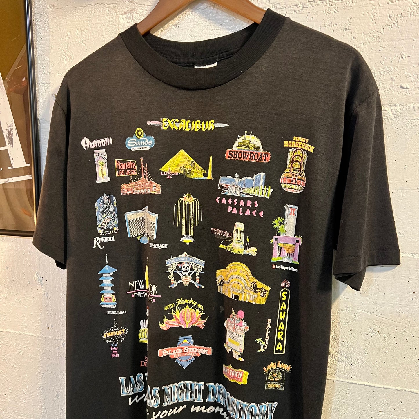 Vintage 80’s Las Vegas Night Depository ‘Hotels’ Single Stitch T-Shirt - Size Medium - Made In USA - Black/Multi