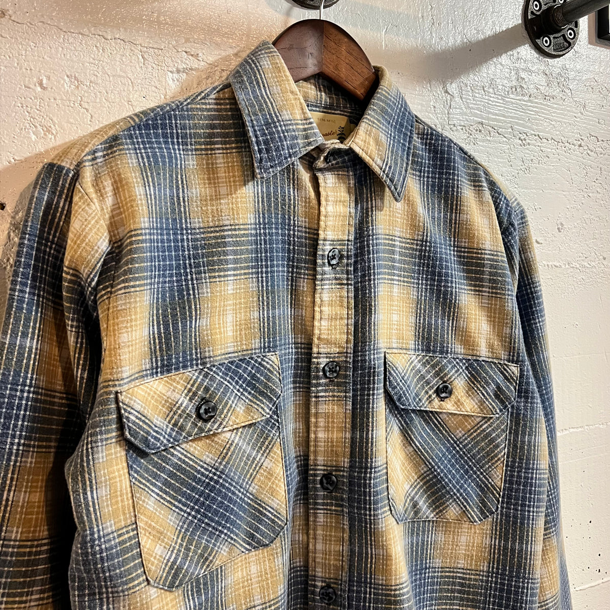True Vintage 1970's Fieldmaster By Sears Perma-Prest Shadow Plaid Button Up Flannel Shirt - Size Small - Made In USA - Blue/Tan/White