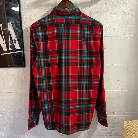 True Vintage 1960's Golden Key Plaid Cotton Square Bottom Flannel Shirt - Size Medium (15-15.5) - Made In USA - Red/Multi
