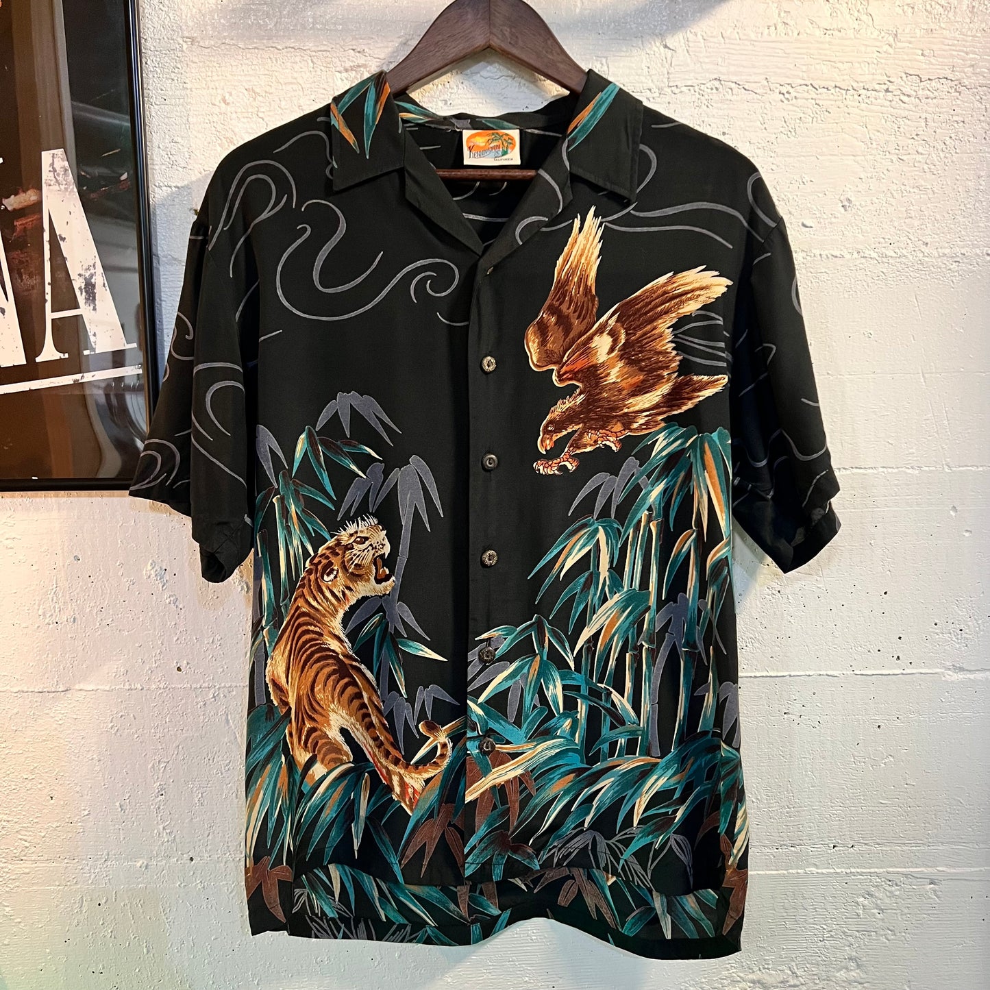 Vintage 1970’s Kennington California Rayon (Tiger VS Falcon) Aloha Surf Shirt - Size Small - Black/Multicolor