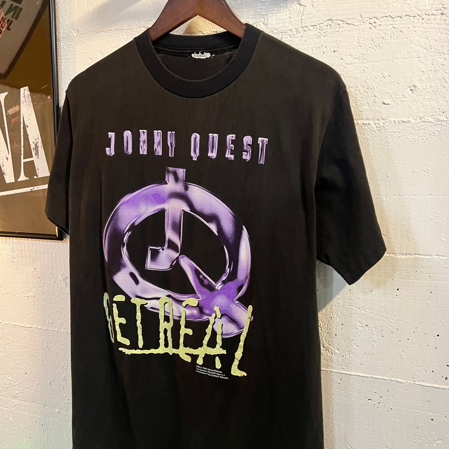 Vintage 90's Johnny Quest 'Get Real' Single Stitch T-Shirt - Size Medium - Made In USA - Black/Purple/Green