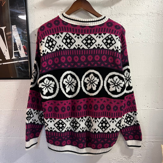 Vintage 90’s Cabin Creek Floral/Geometric Patterned Knit Sweater - Size Medium - Made In USA - White/Black/Purple/Pink